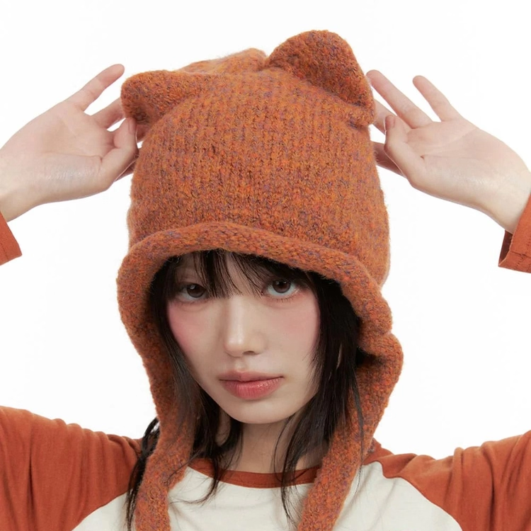 贝福鹿ins可爱猫咪耳朵针织帽女日系百搭保暖防风护耳帽系带帽子