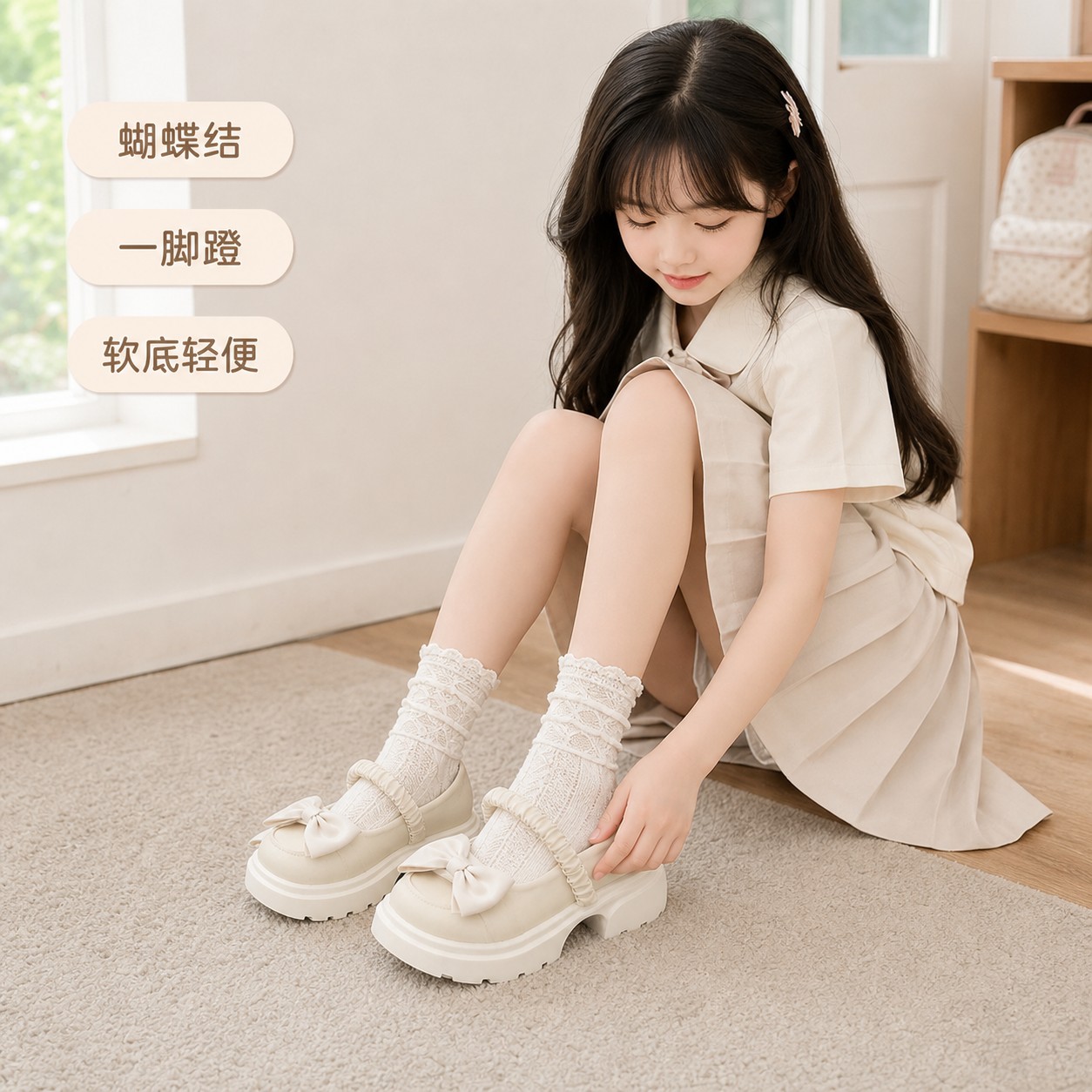 女童皮玛丽珍鞋夏季蝴蝶结软底一脚蹬公主鞋中大童低帮黑色米日常