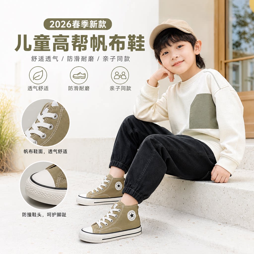 2026春季新款儿童高帮帆布鞋男女小中大童韩版学生板鞋亲子情侣鞋