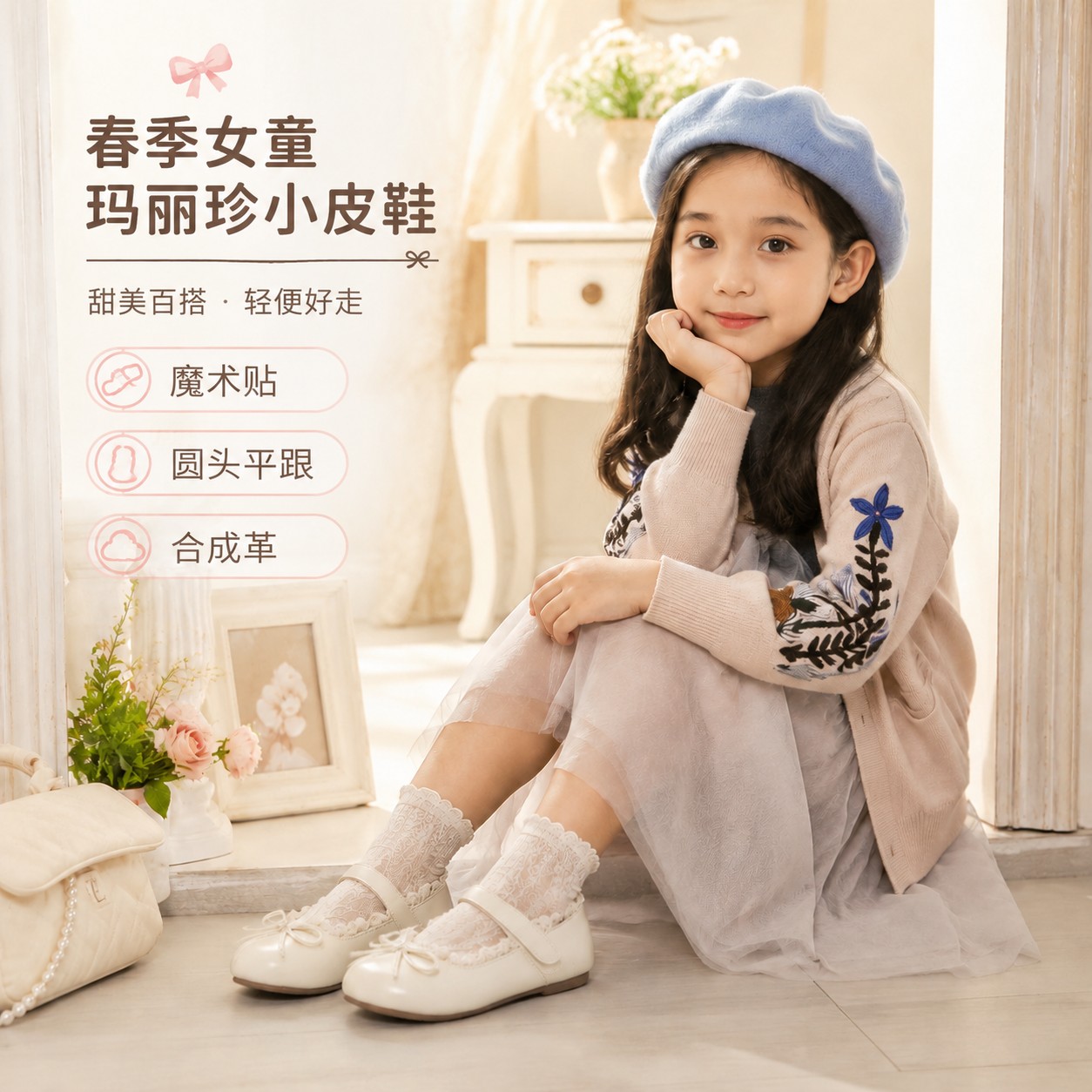 女童合成革玛丽珍小皮鞋春季魔术贴圆头平跟浅口单鞋蝴蝶结公主鞋