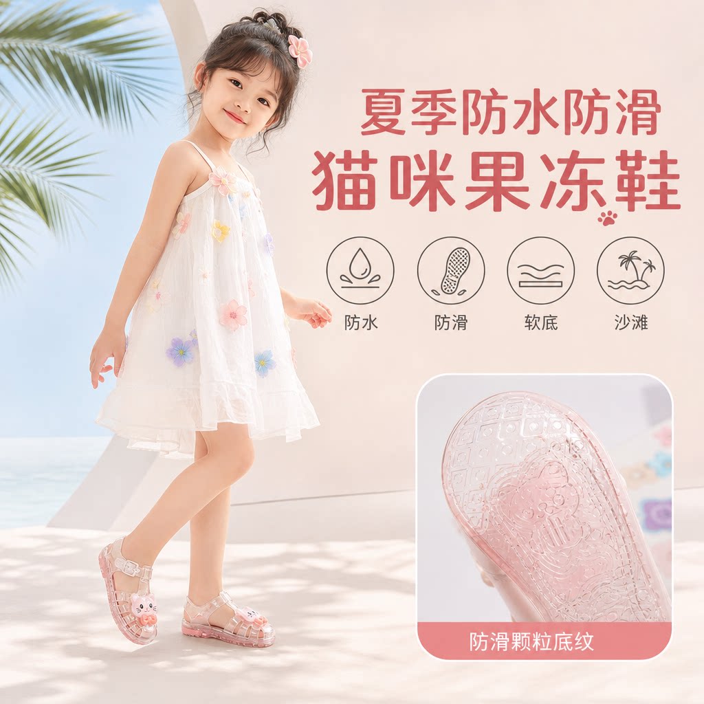 2026新款儿童猫咪果冻鞋夏季防水防滑公主凉鞋宝宝卡通沙滩软底鞋