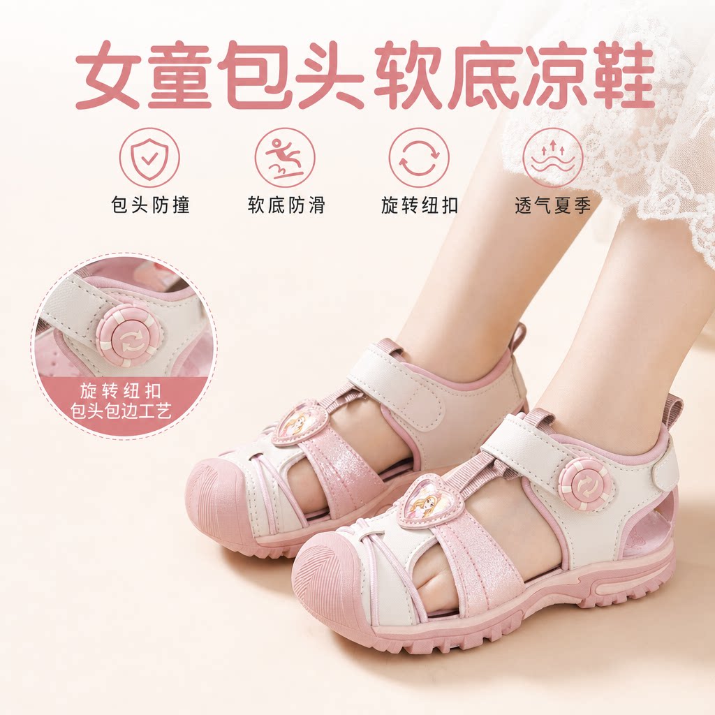 上线款女童凉鞋包头软底夏季款旋转纽扣儿童沙滩鞋运动防滑公主风