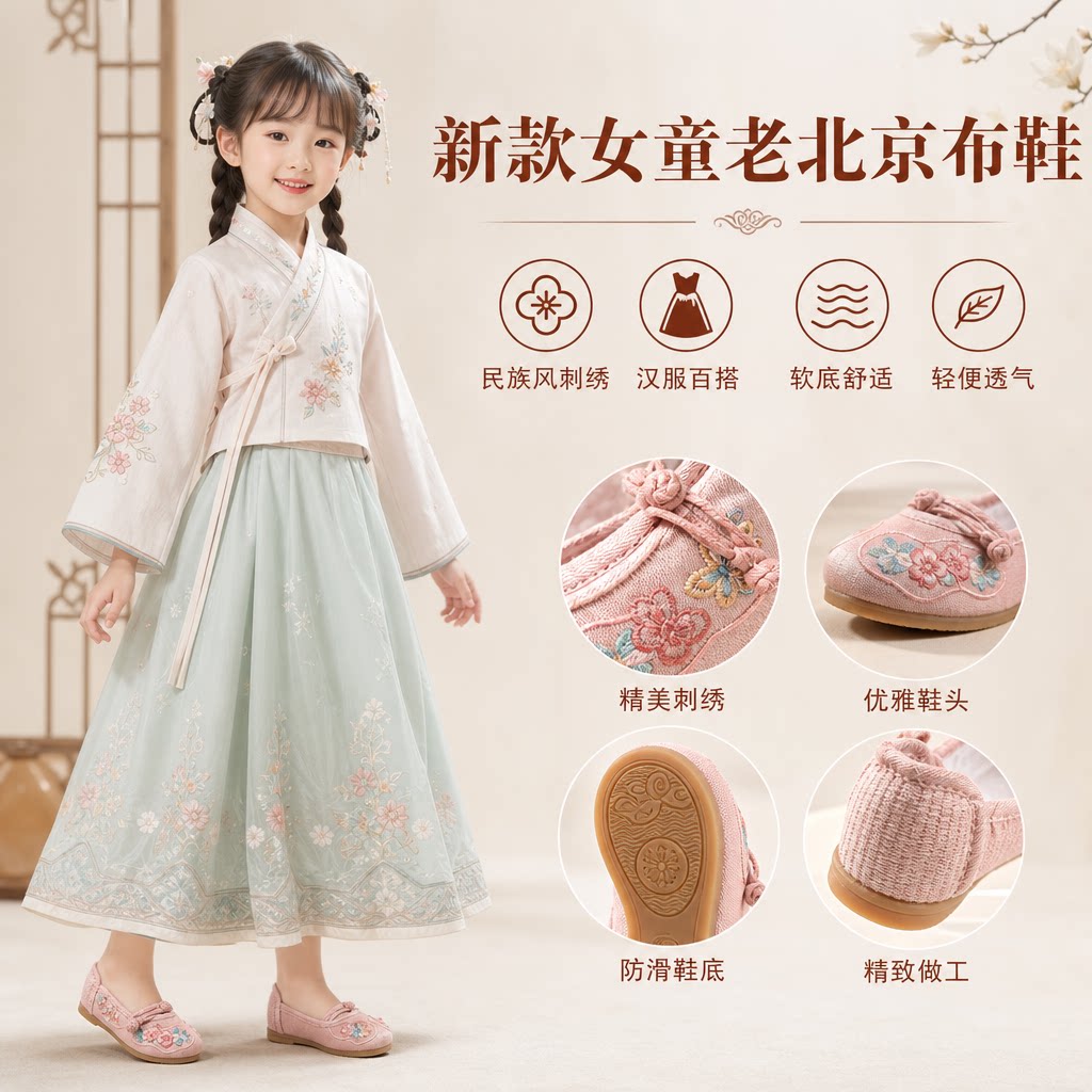 新款女童布鞋老北京传统布鞋童鞋民族风汉服鞋儿童绣花鞋古风鞋