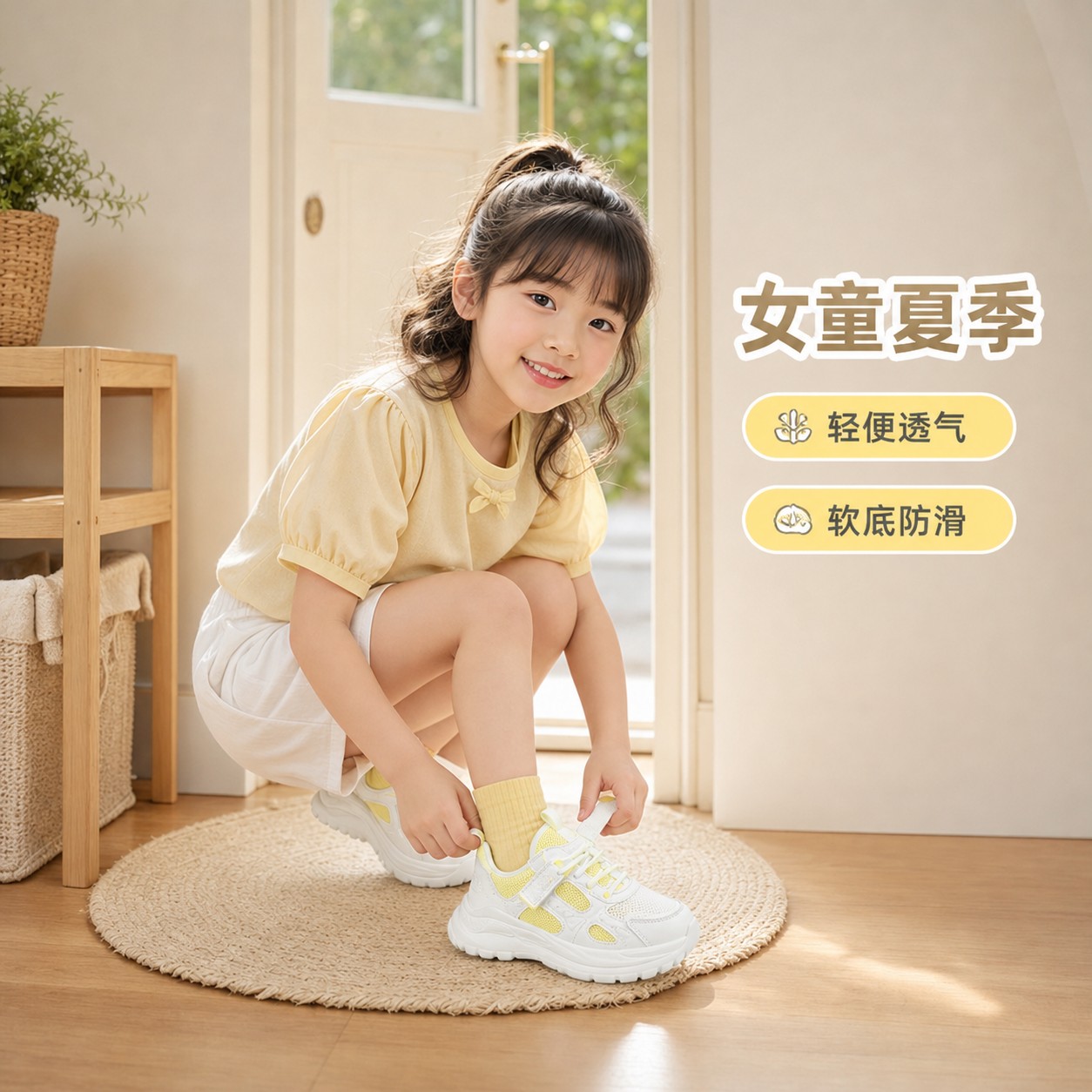 女童夏季网布运动凉鞋松紧带软底轻便透气休闲小白鞋儿童日常鞋穿