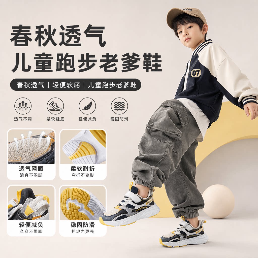 男童鞋子运动鞋新款春秋季儿童透气跑步老爹鞋小男孩轻便软底