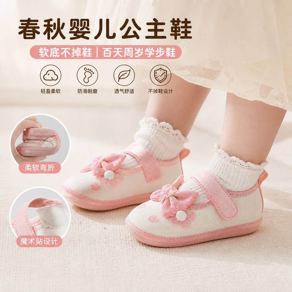 春秋婴儿鞋女宝宝公主鞋0一1岁软底鞋学步秋季百天周岁布鞋不掉鞋