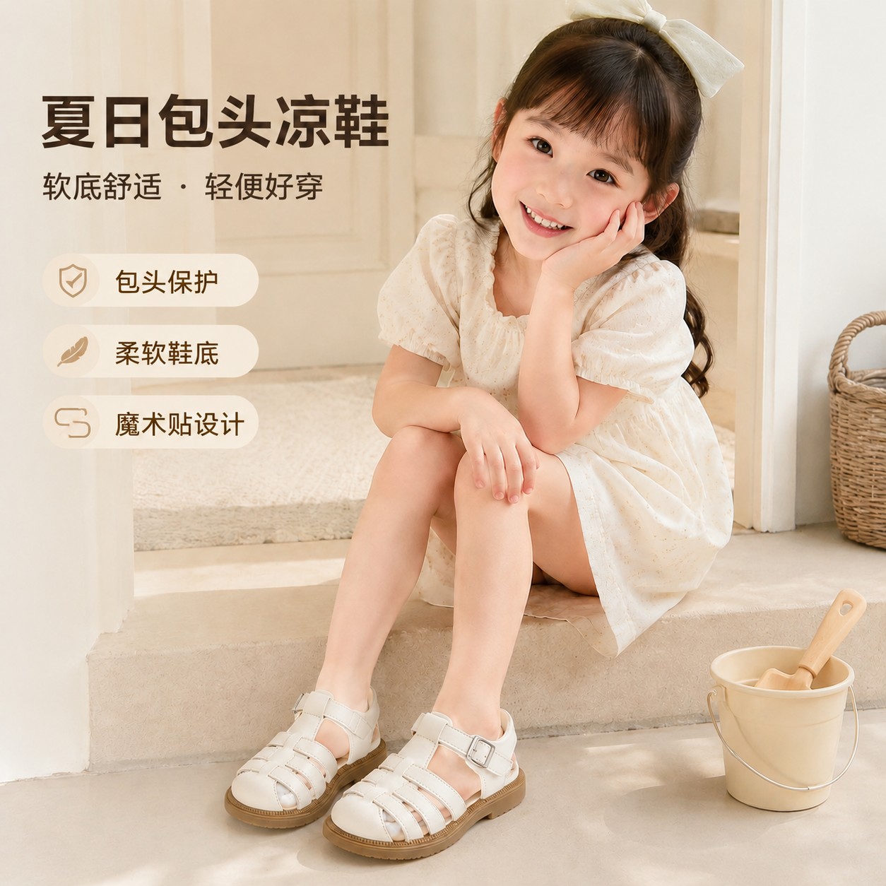 女童包头凉鞋夏季新款儿童沙滩鞋软底魔术贴宝宝小童凉鞋日常穿着