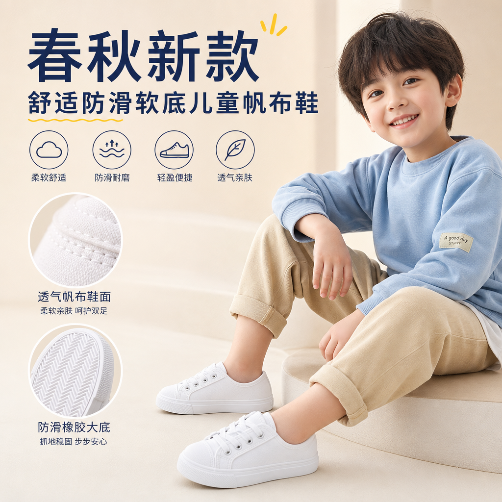 儿童帆布鞋低帮女童帆布鞋2026春秋季男童舒适防滑软底六一小白鞋