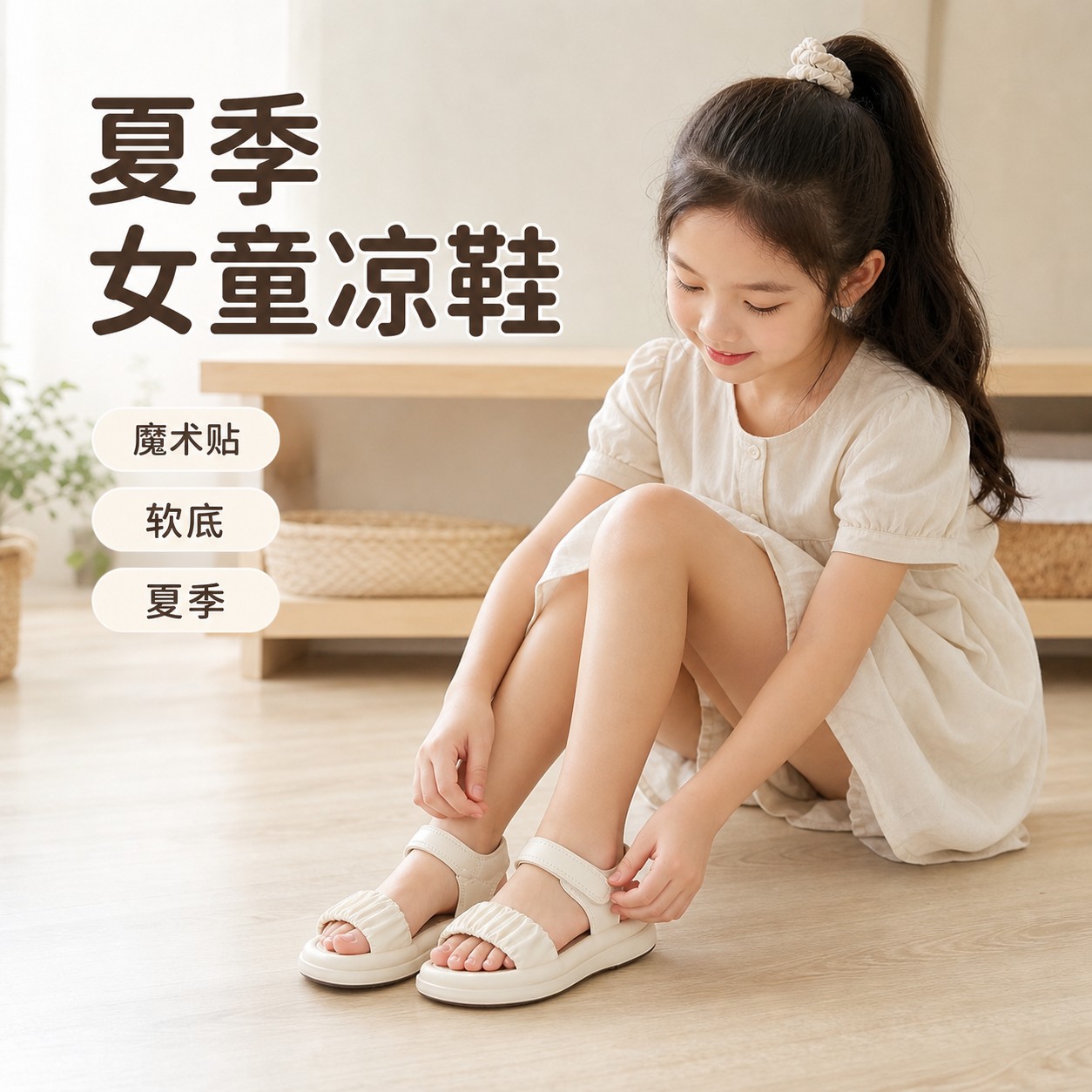 女童夏季软底沙滩凉鞋中大童休闲魔术贴搭扣韩版学生日常穿搭鞋