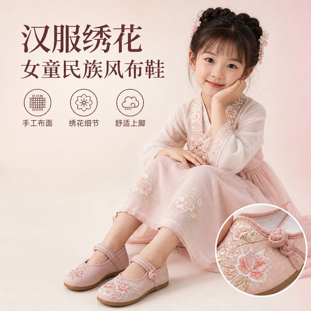 汉服绣花鞋子女童民族风鞋演出鞋儿童手工布鞋古风汉鞋表演古装鞋
