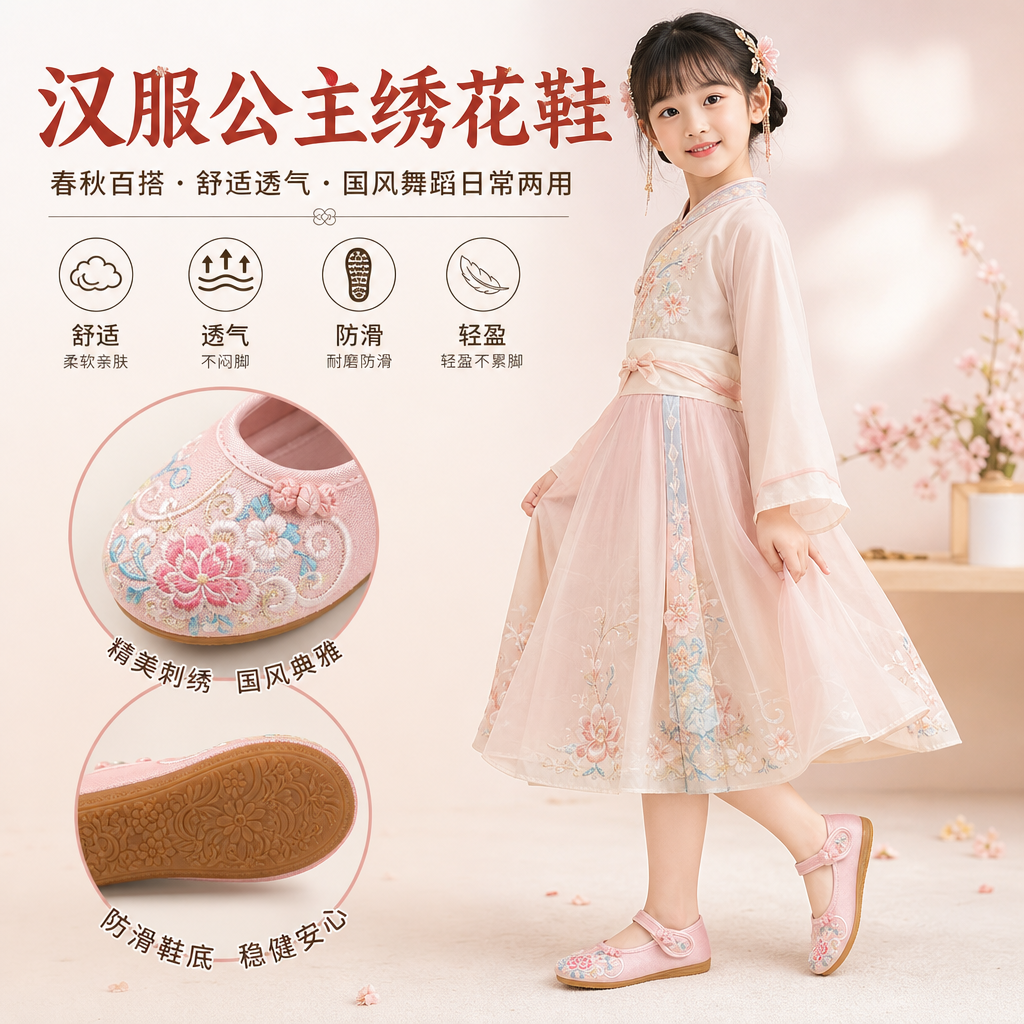 汉服鞋子女春秋季老北京布鞋中国风公主鞋古风绣花鞋小学生舞蹈鞋