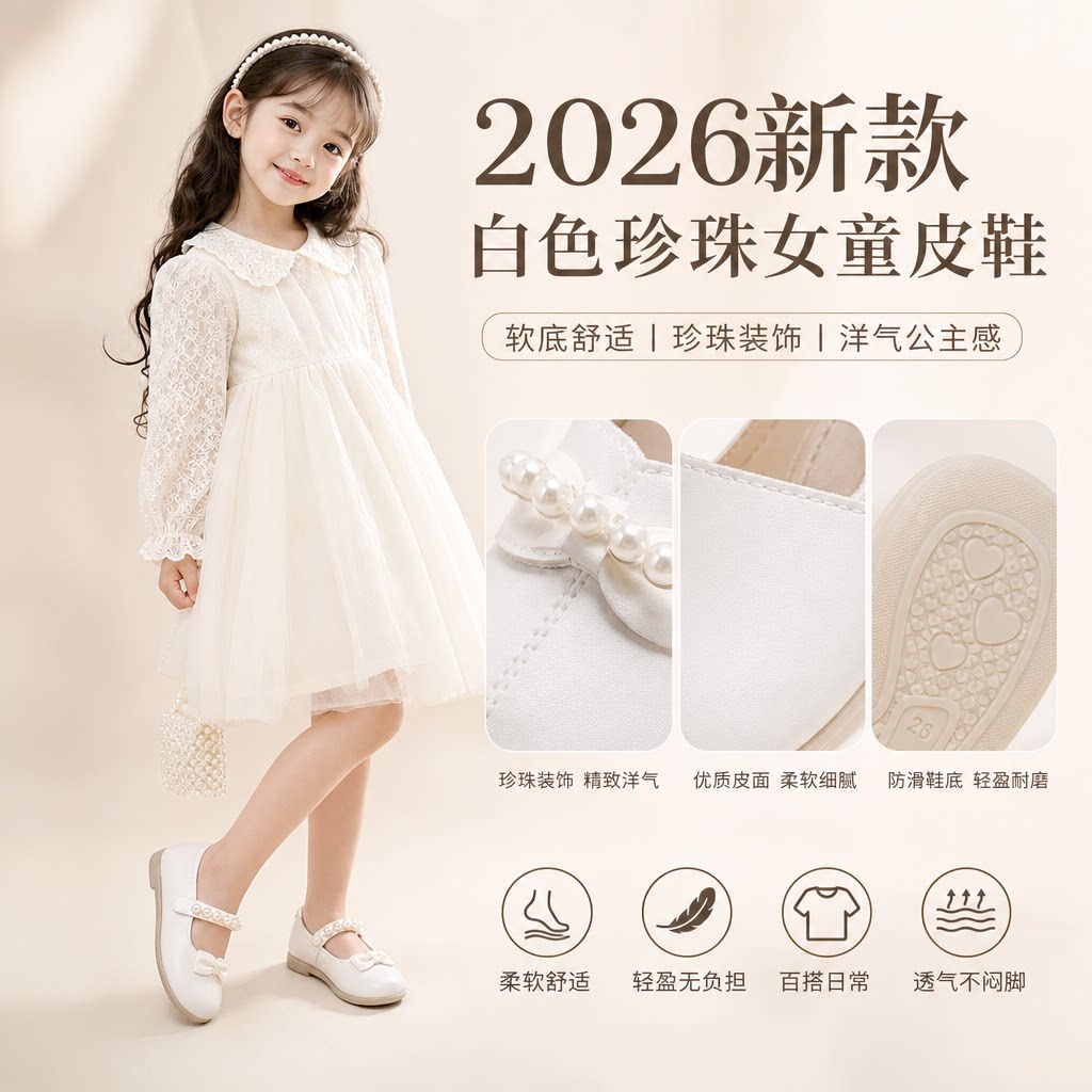 女童皮鞋春秋2026新款白色珍珠小女孩宝宝软底洋气儿童豆豆公主鞋