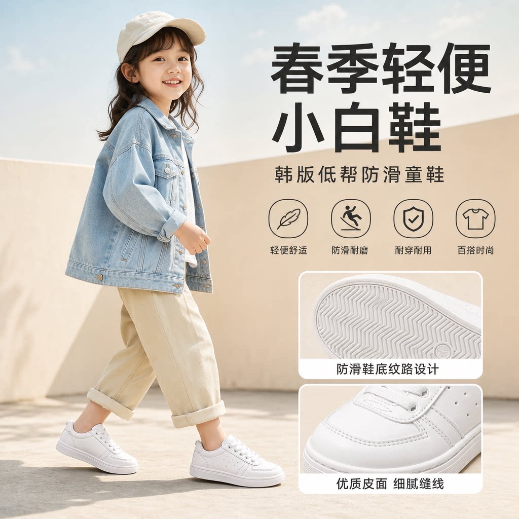春季小白鞋时尚韩版单鞋低帮防滑休闲男女孩运动鞋轻便跑步鞋