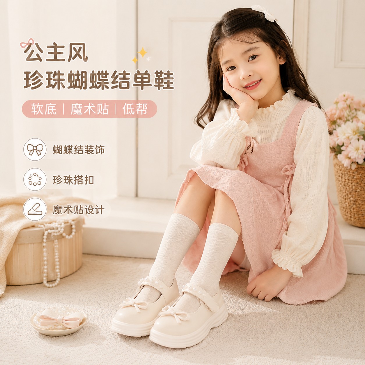 女童公主风蝴蝶结珍珠单鞋魔术贴低帮软底磨砂皮春季米白色