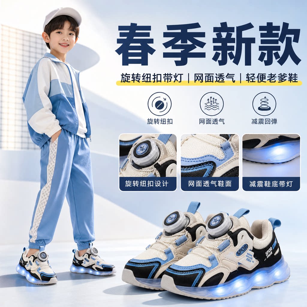 男童鞋春季新款儿童运动鞋旋转纽扣带灯老爹鞋网面休闲跑步鞋