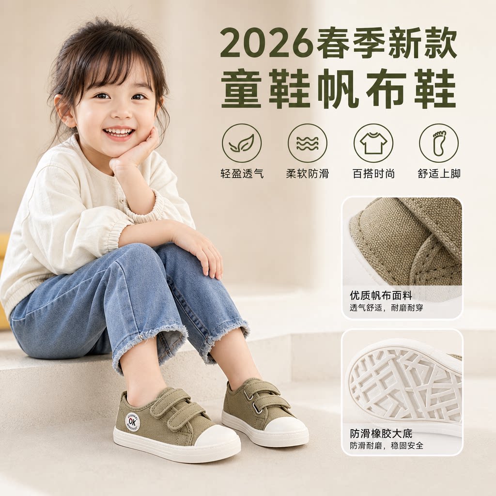 儿童帆布鞋男童女童2026春季新款大童板鞋小童宝宝时尚球鞋布鞋子