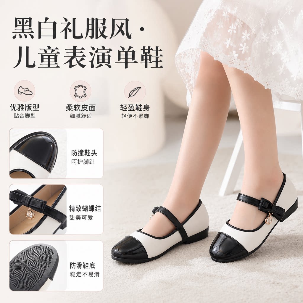 女童皮鞋黑白色儿童表演出鞋春秋新款中大童公主礼服鞋小学生单鞋