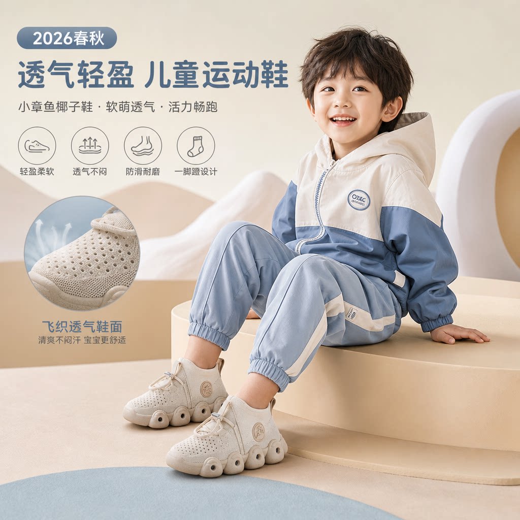 2026春秋儿童八爪鱼椰子鞋男童透气小笼包火山运动鞋女宝宝袜子鞋