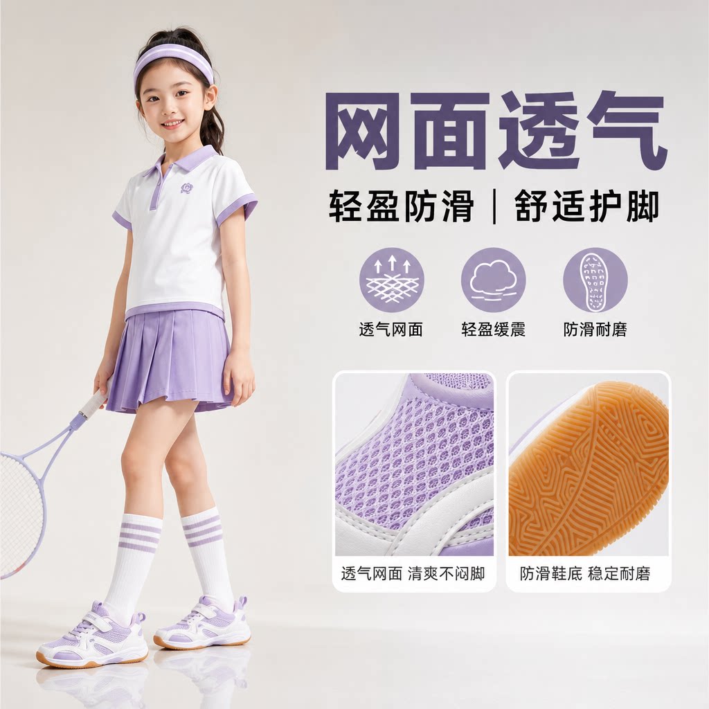 严选儿童运动鞋学生羽毛球女童网面透气乒乓球网球鞋