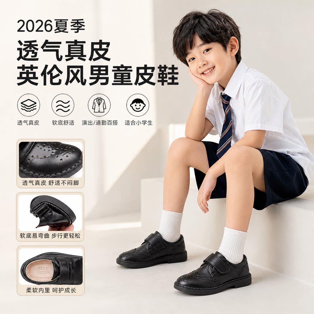 男童皮鞋2026夏季儿童黑色英伦风软底童鞋小学生透气真皮演出鞋子