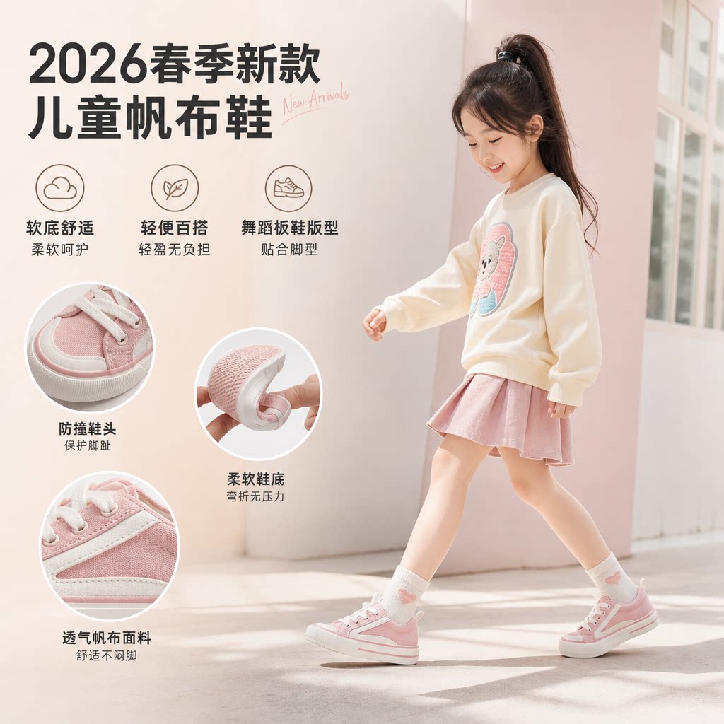 儿童2026春季新款帆布鞋女童软底舞蹈板鞋潮男童轻便休闲学生布鞋