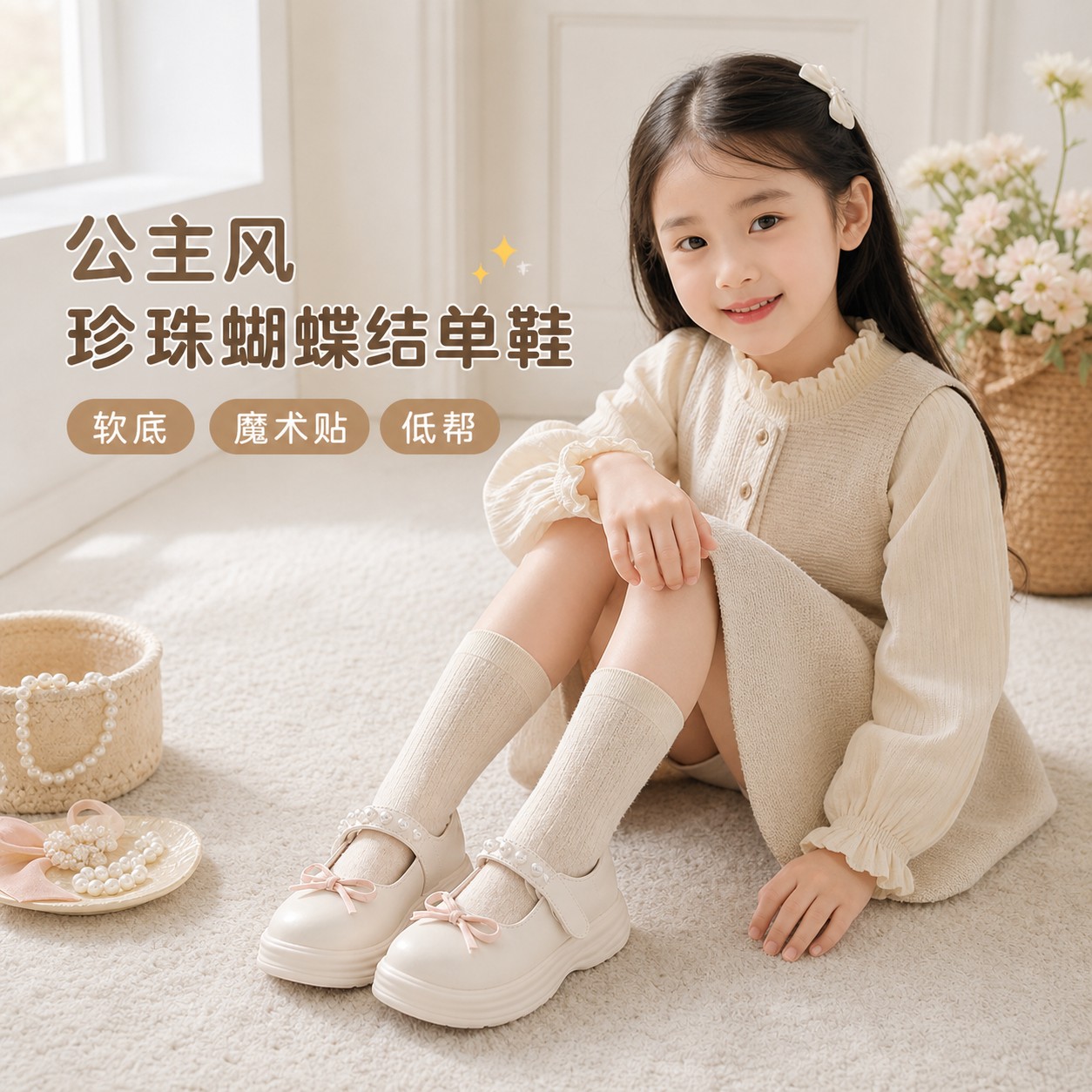 女童公主风蝴蝶结珍珠单鞋魔术贴低帮软底磨砂皮春季米白色小皮鞋