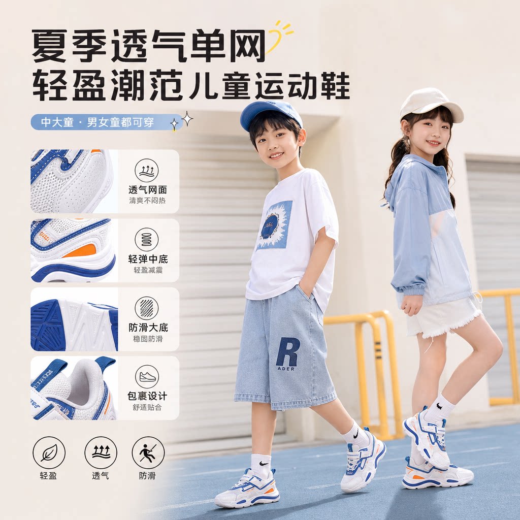 儿童运动鞋夏季透气单网男童韩版潮范儿中大童老爹鞋女童鞋子