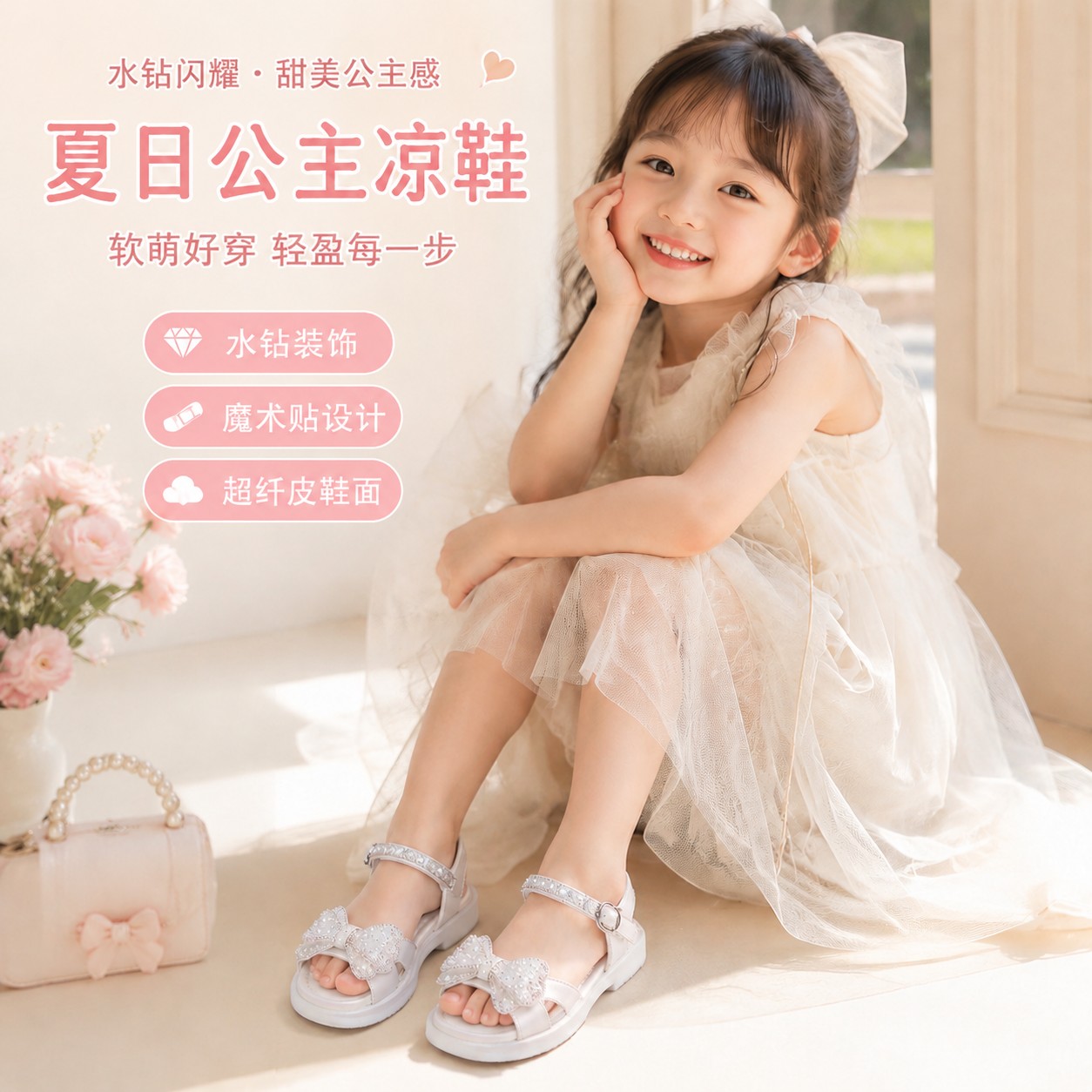 女童超纤皮水钻魔术贴公主凉鞋夏季米白粉色童鞋日常休闲穿搭学生