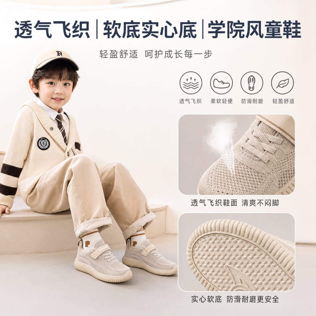 儿童椰子鞋秋男童透气飞织网鞋女宝宝学院风实心底软底运动鞋