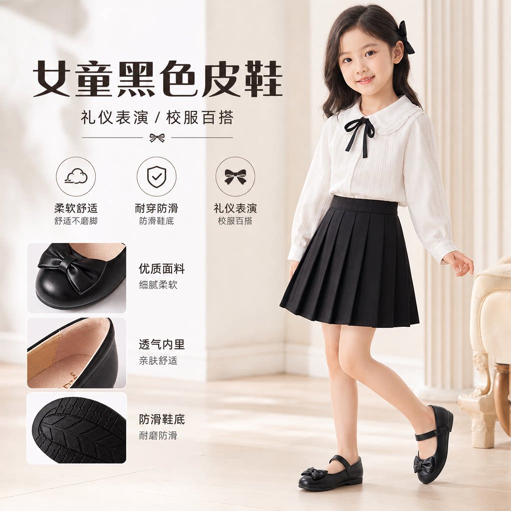 女童黑色皮鞋小童儿童表演出鞋白色学生单鞋礼仪花童校鞋牛筋