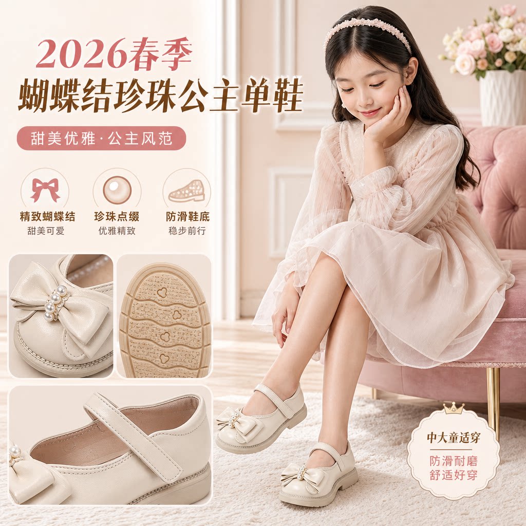 女童皮鞋2026春季新款单鞋中大童蝴蝶结珍珠公主鞋防滑表演鞋小童
