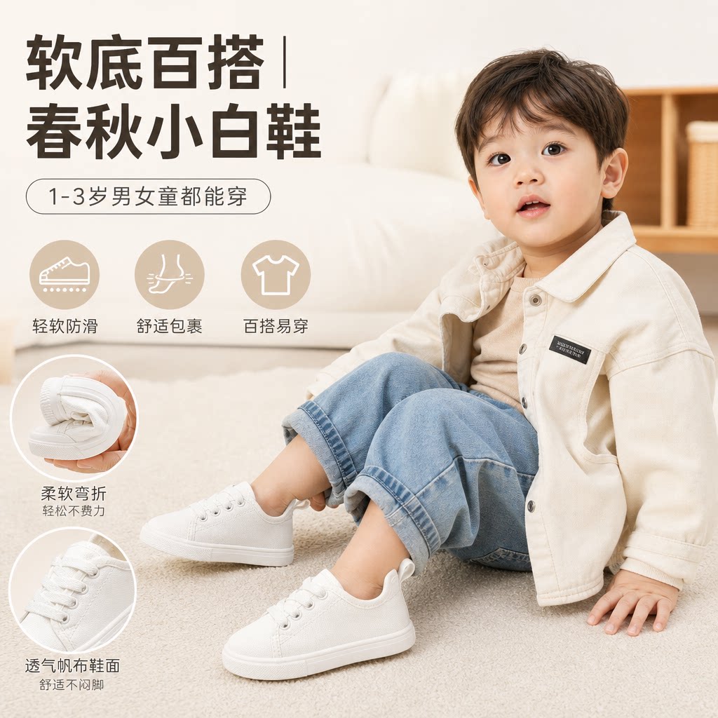 儿童帆布鞋男女童鞋春秋小白鞋软底百搭板鞋中小童休闲鞋1-3岁