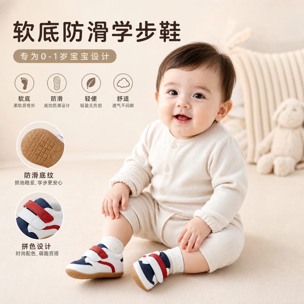 春秋0-1岁男女宝宝6-9-12个月婴儿软底防滑学步鞋运动拼色小白鞋