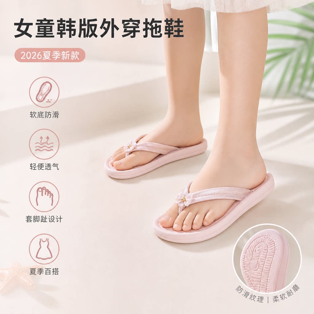 女童韩版拖鞋外穿2026夏季新款休闲极简人字拖软底防滑套脚趾拖鞋