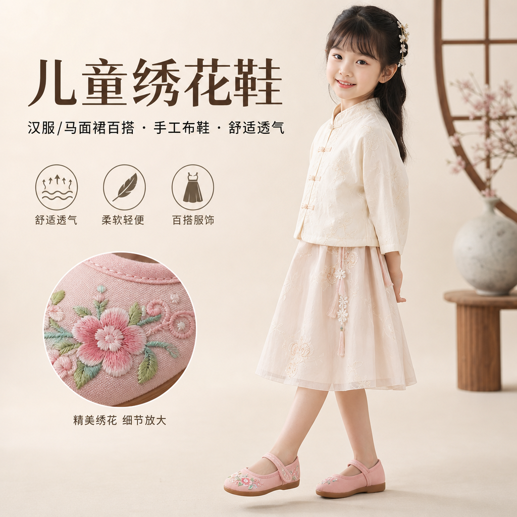 儿童绣花鞋男童中国风汉服鞋子女童老北京手工布鞋古装马面裙童鞋