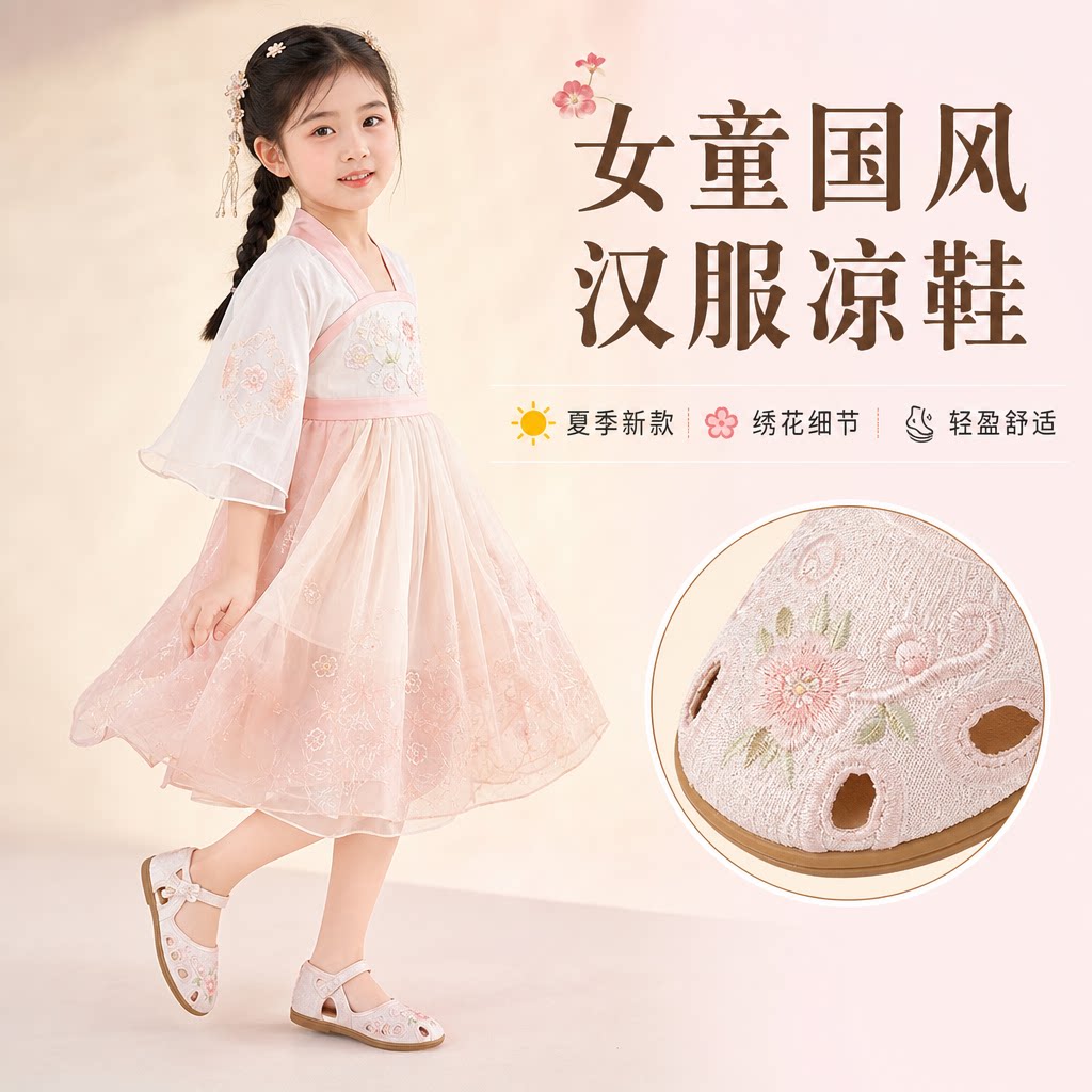 女童凉鞋夏款汉服鞋儿童国风鞋子2024夏季新款马面裙鞋女宝绣花鞋