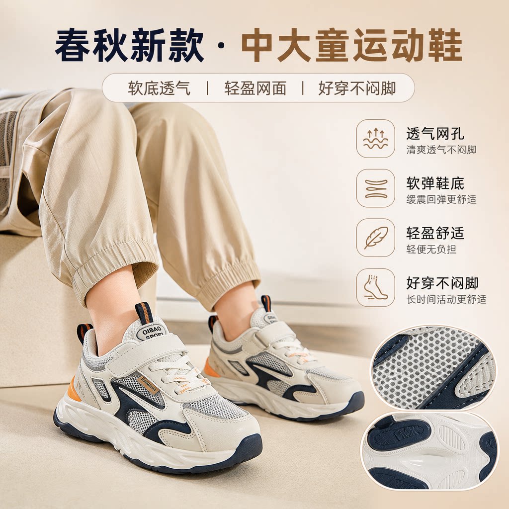 拉布布男童鞋子春秋新款软底儿童网面运动鞋中大童透气老爹鞋