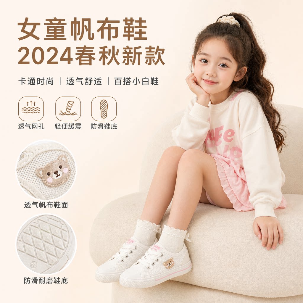 女童帆布鞋2024春秋新款儿童卡通时尚板鞋女孩休闲鞋透气小白鞋潮