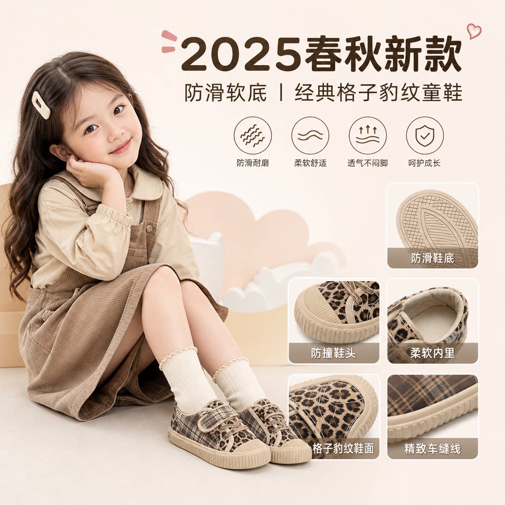 儿童帆布鞋女童豹纹2025春秋新款经典格子中小童防滑软底时尚布鞋