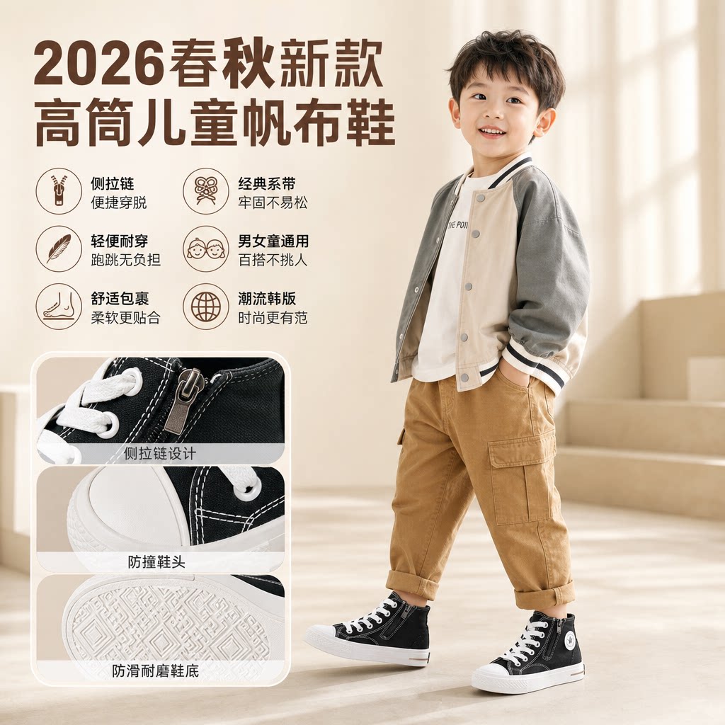 儿童帆布鞋2026春秋款高筒男童女童鞋韩版潮鞋侧拉链系带休闲童鞋