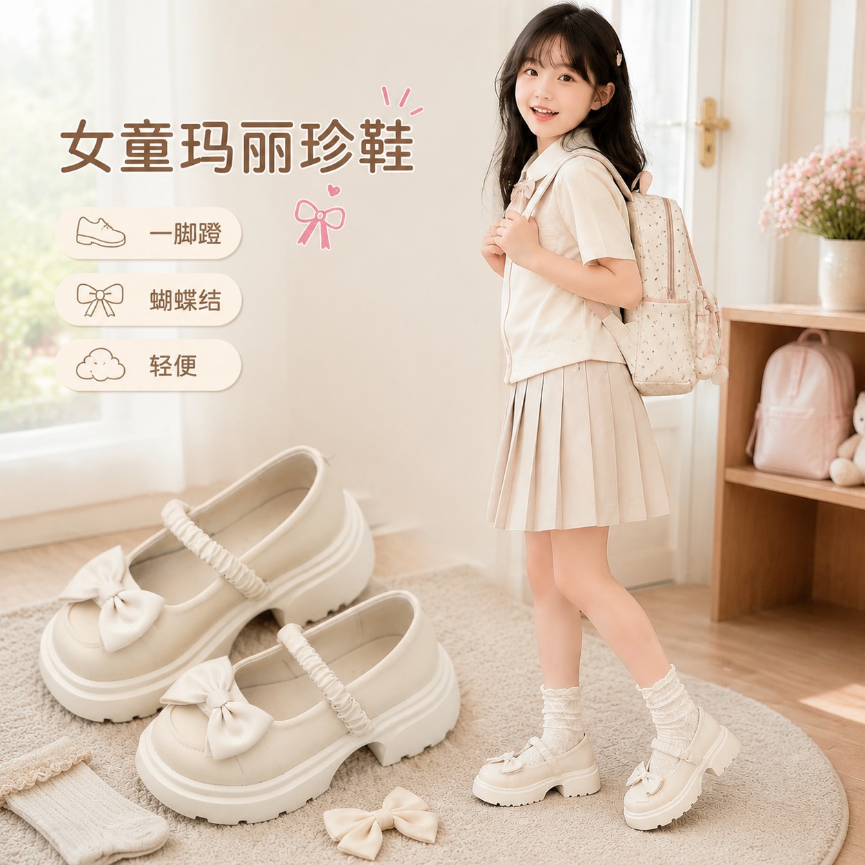 女童玛丽珍鞋夏季蝴蝶结一脚蹬低帮软底公主鞋中大童黑色米白日常