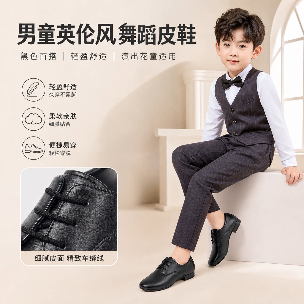 儿童皮鞋2026春季男童黑色舞蹈小皮鞋英伦风宝宝小学生花童演出鞋