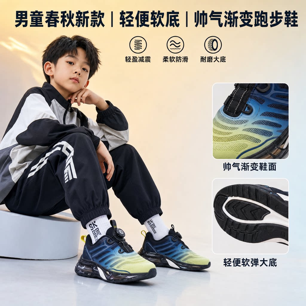 儿童运动装男童跑步鞋春秋新款帅气渐变休闲鞋轻便软底男孩篮球鞋