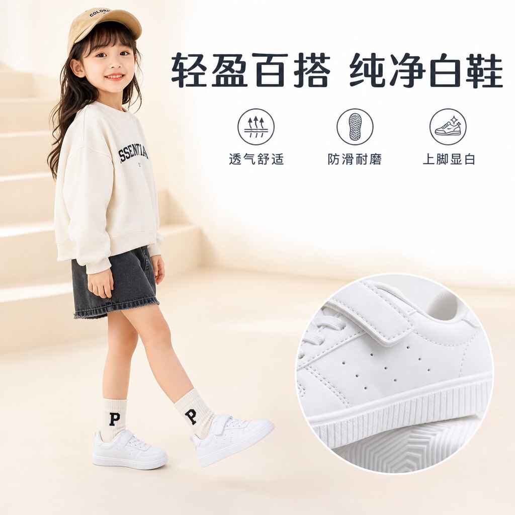 男童小白鞋女童白色运动鞋儿童中小学生表演出鞋订单外贸