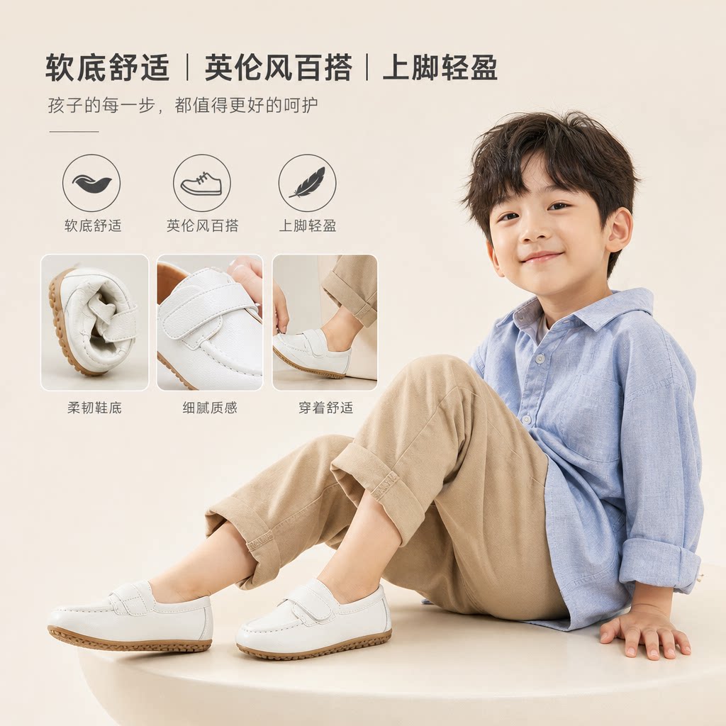 男童皮鞋软底儿童英伦风宝宝豆豆鞋中大童时装小白鞋学生表演出鞋