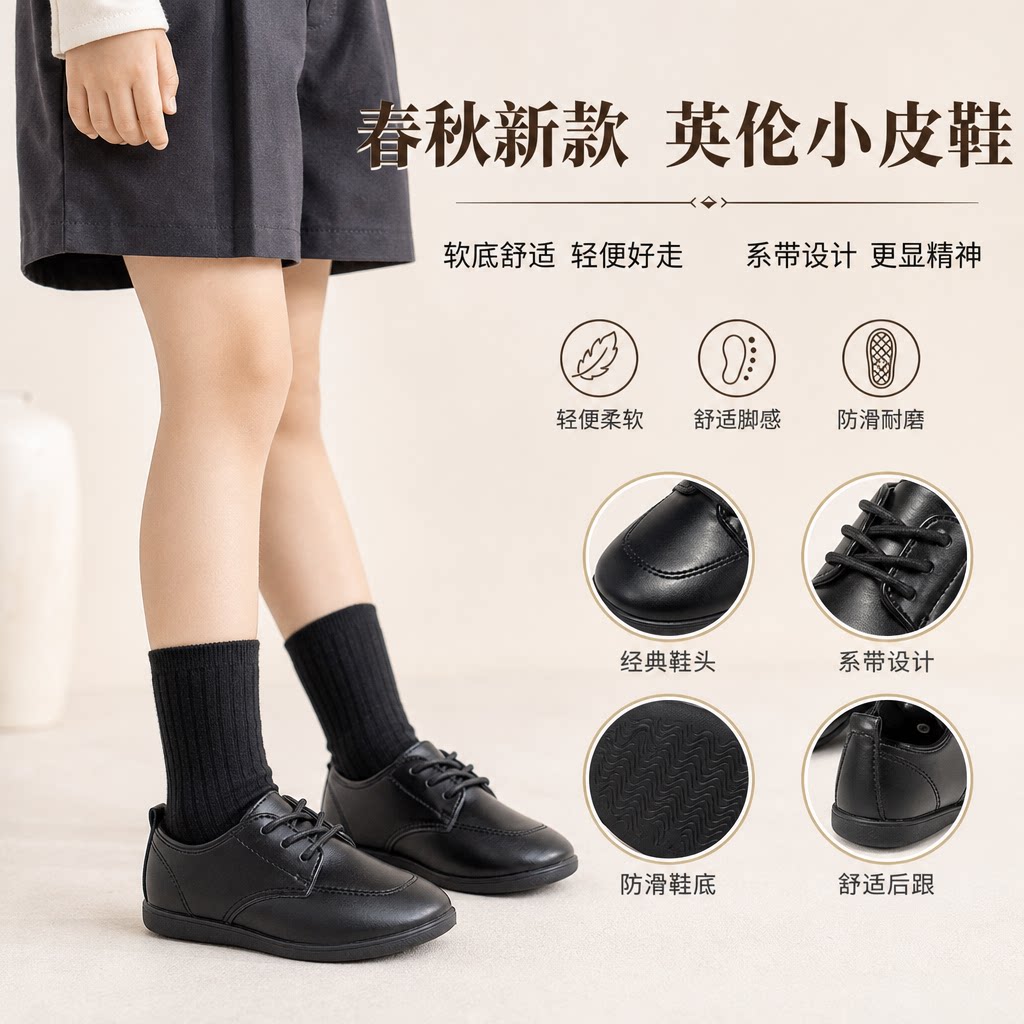 春秋新款儿童黑色小皮鞋系带时尚英伦风男童表演鞋女童演出鞋软底