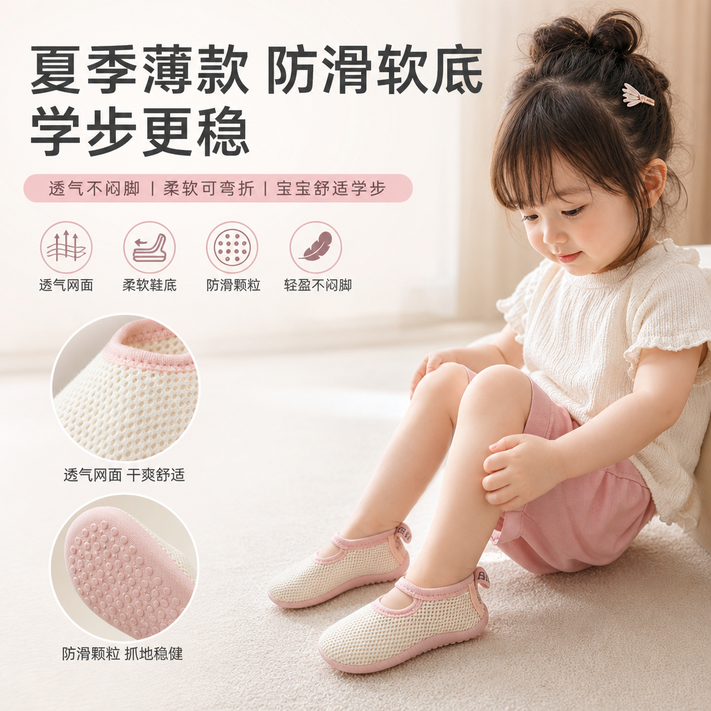 宝宝地板袜夏季薄款室内防滑婴儿软底学步鞋儿童春幼儿园网面鞋袜