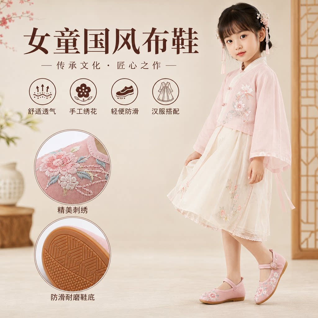 儿童绣花鞋女童汉服鞋古风中国风老北京布鞋子景区特色鞋