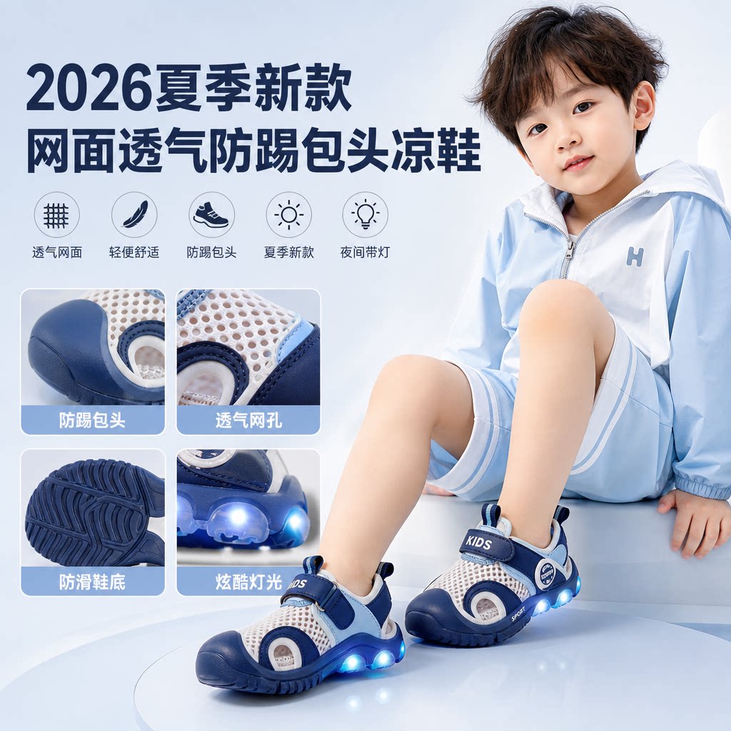 带灯儿童运动凉鞋2026夏季新款网面透气防踢男童凉鞋宝宝包头凉鞋