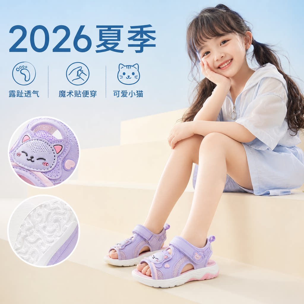 儿童露趾沙滩鞋2026年夏新款中大童男女童凉鞋可爱小猫魔术贴童鞋